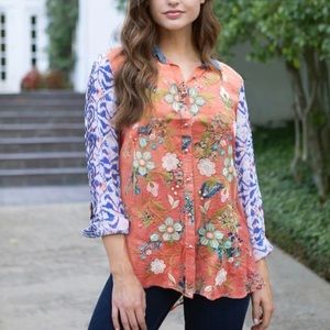 John Mark Vincente Mixed Media Blouse Floral Embroidered Artsy Boho Large L